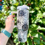 40oz Sunflower Tumbler, floral tumbler, tumbler with handle, gifts, gift for her, personalized gift, flowers, cup, insulated tumbler, cute
