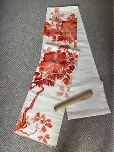 Nagoya Obi, Cloth, Seal, Pure Silk, 9sun Unmade, Peony Flower And Leaf