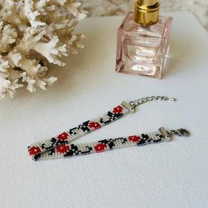 Miyuki beaded bracelet with floral design, Ethnic bead loom woven bracelet, Red flower seed bead bracelet