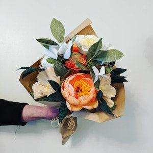 Coral and White Paper Flowers Bouquet Arrangement of Peony and Garden Rose, Wedding Bridal Bouquet, 1st Anniversary Gift,