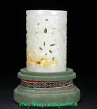 3.1'' Old Natural Hetian Jade Peony Flower Bird Birds Brush Pot pencil Holder