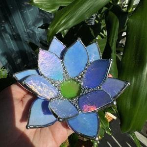 Stained glass Candle holder tealight ???Iridescent Sky blue Lotus??? Ring Holder, Floral Wedding Decor, Engagement Wedding Ring Dish