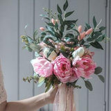 Pink peony & greenery bouquet, silk wedding flower bouquet
