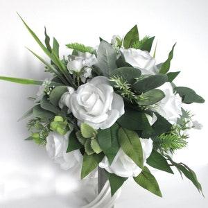 Wedding Bouquet, Bridal bouquet set, WHITE GREENERY GRAY Silver, Wedding flower, artificial silk bouquet Bridesmaid Bouquet "RosesandDreams"