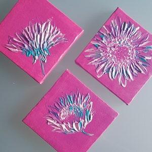 Small pink sunflower painting. Iridescent textured floral art. Acrylic palette knife art. Original painting. Abstract flower. Gift for her.