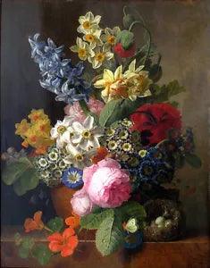 Art Oil painting beautiful still life flowers Salvia splendens & peony bird nest
