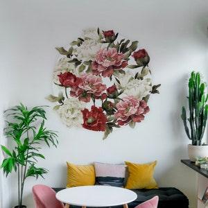 Romantic Peonies Bouquet Circle Wall Decal, Floral Removable Sticker 12