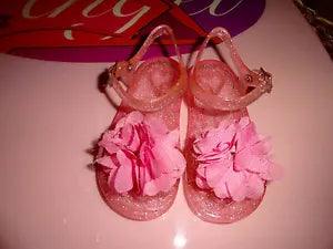 Bubblegum Pink Peony Flower Adorned Sparkle Glitter Hearts Jelly Sandals Shoes 7