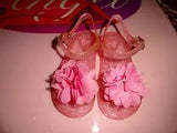 Bubblegum Pink Peony Flower Adorned Sparkle Glitter Hearts Jelly Sandals Shoes 7