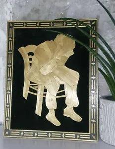 Vintage Dried Palm on Black Thinking/Worrying Man Sitting 12 inch Wall Art