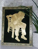 Vintage Dried Palm on Black Thinking/Worrying Man Sitting 12 inch Wall Art