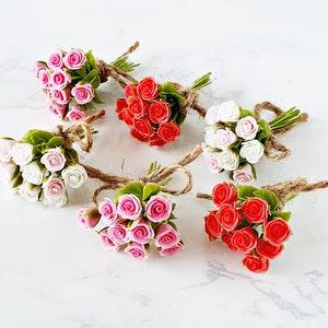 Red Pink Rose Flowers Bouquet Handmade gift Miniatures valentines day Dollhouse decor