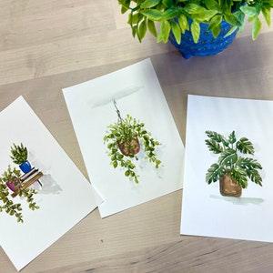 Set of 3, original Hand painted Watercolor plant pots postcards, 4?¡Àx5.75?¡À