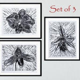 Set of 3 Orchid black and white linocut prints