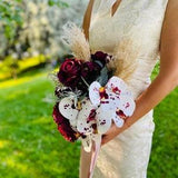 Cascade wedding bouquet, Burgundy bridal bouquet, Pampas grass bouquet, Rose bouquet, Cascade orchid bouquet, Faux Flower