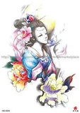 sexy geisha woman peony flower big 8.25" temporary tattoo Hippies sexy tattoo