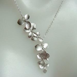 Cascading Orchid Necklace In Matte Silver - Triple Flower Necklace- Flower Cascade, Flower Petal Necklace