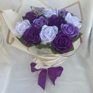 Purple Eternal Rose Bouquet, Handmade Fake Flowers Bouquet, Ever Lasting Flower Arrangement, Large Rose Bouquet, Ramo Buchon, Holiday Gifts