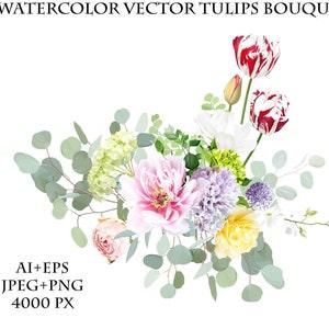 Pink peony, orchid, magnolia, red tulip, yellow rose, hellebores, green hydrangea, hyacinth, eucalyptus vector design Easter bouquet