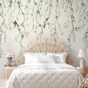 Ivy Wallpaper | Boho Plants Wall Mural Peel and Stick | Watercolor Tree Branches with Birds Wallpaper | Pastel Ivy Leaf Branch Wall Mural