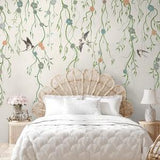 Ivy Wallpaper | Boho Plants Wall Mural Peel and Stick | Watercolor Tree Branches with Birds Wallpaper | Pastel Ivy Leaf Branch Wall Mural