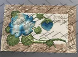 Antique 1909 Embossed Postcard Birthday Greetings Blue And White Flower Peony?