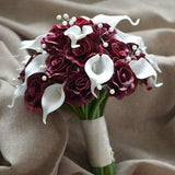 Burgundy Bridal Bouquet Real Touch Calla Lilies Roses Silk Wedding Bouquets
