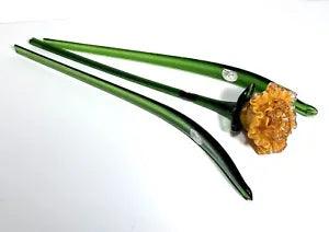 Hand blown Art Glass CrystalOrange Long Stem Flowers 14" Carnation With 2 Stems