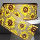 1 1/2 inch BRIGHT YELLOW SUNFLOWERS on a burlap background this wired ribbon is a traditional fall favourite