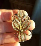 Vintage Mid Century Brooch Pin Art Deco Revival Filigree Iris Lily Flower Wire