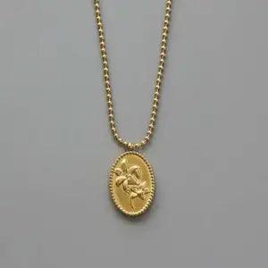 France oval floral flower necklace,14k gold lily beaded edge necklace,bead chain