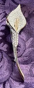 Silver Tone Calla Lily Pin Brooch 4???T Flower Clear Rhinestones