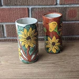 Vintage Sunflower Pottery Tumblers/Vases - Set of 2, Hand Crafted Studio Pottery, Hand Painted, Boho Decor, Approx. 5.5" Tall, 1970s