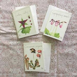 Wild Flowers Thank you Card Set - 3 small cards - Wild Orchid - Carnivorous plant - Watercolour Painting - North American Flowers