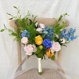 Blue, Mustard Yellow and Blush Bridal Bouquet, Boho Wedding Bouquet, Summer Wedding Bouquet, Made with Rose, Ranunculus and Wildflowers