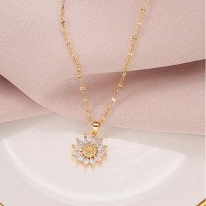 Gold Plated Sunflower Necklace, Stainless Steel Jewellery For Women, Flower Daisy Zircon Pendant Fashion Chain, Elegant Cute Gift For Her