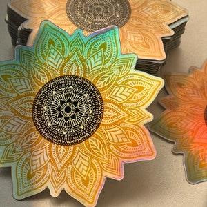 HOLOGRAPHIC WEATHERPROOF + WATERPROOF Sunflower Mandala Sticker | Bullet Journal, Water bottle, Laptop, Hydroflask Diecut vinyl sticker