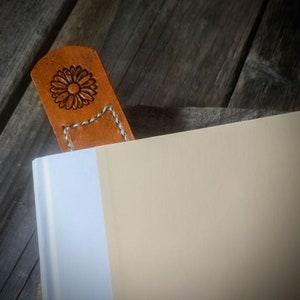 Leather handmade bookmark with a sunflower embossed on the leather //  Unique sunflower inspired bookmark // for the reader in your life
