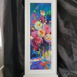 Roses Still Life: 8"x24" Impasto Oil Painting Bright Flowers Wall Art Large Colourful Painting Eternal Gift Roses Bouquet Contemporary Home