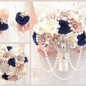 Navy blue Rose Gold brooch bouquet . Wedding, quinceanera, anniversary bouquet