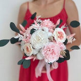 Wedding boho peony dried and preserved flowers bouquet for bohemian bride in white and blush pink colors luxury long lasting arrangements