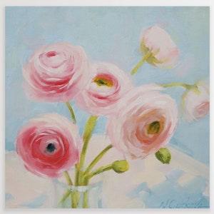 Pink ranunculus flower oil painting, original wall art on canvas, summer cottage beach house painting