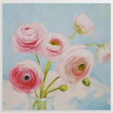 Pink ranunculus flower oil painting, original wall art on canvas, summer cottage beach house painting