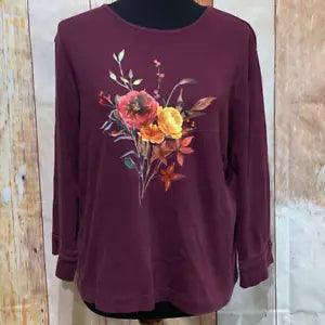 Hand Printed Upcycled XL Watercolor Autumn Flower Peony Berry Bouquet Cotton Tee