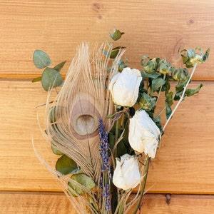 Neutral Peacock Feather & White Rose Bouquet