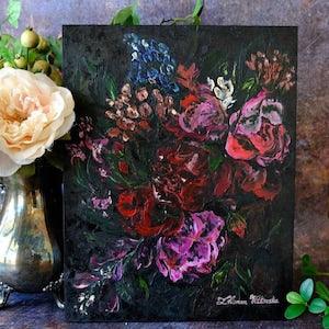 Rose Painting Original Art Abstract Floral Bouquet Painting Impasto Painting Black Artwork Flowers Wall Art 11" by 14" by Zhanna Vitkovska
