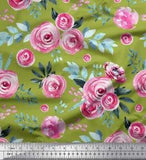 Soimoi Green Velvet Fabric Leaves & Ranunculus Floral Print Fabric-Gld