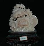 15" Rare Chinese Natural Pine Xiu Jade Carving Peony Flower Bird Sculpture