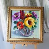 Roses anemone Small floral Oil painting original framed 8x8 in flower Handmade Still life painting  Bouquet painting by palette knife
