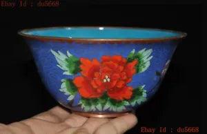 6"Chinese China dynasty Bronze Cloisonne peony flower statue Tea cup Bowl Bowls